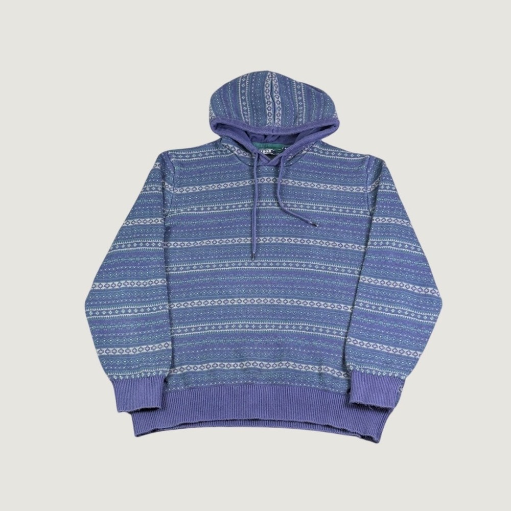 IZOD Mens XL Blue Fair Isle Knit Pullover Hoodie Sweater Drawstring Geometric